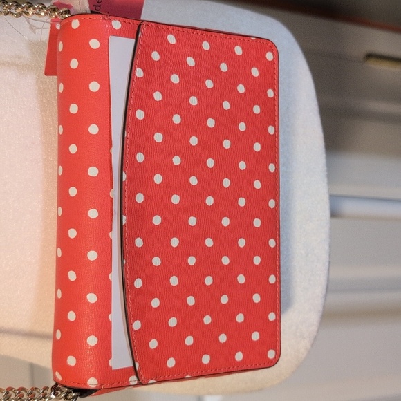 Coral Pink Kate Spade Spencer Polka Dots Crossbody Wallet on Gold Chain NWT - Picture 4 of 10